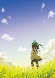  ahoge bad_id bad_pixiv_id cloud female field grass green_hair name_(sh) original outdoors sky solo wind 