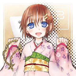  blue_eyes brown_hair commentary_request female hair_ornament japanese_clothes kakashichi kimono lyrical_nanoha mahou_shoujo_lyrical_nanoha mahou_shoujo_lyrical_nanoha_a&#039;s pink_kimono short_hair smile solo x_hair_ornament yagami_hayate 