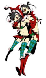  2girls back-to-back bad_id bad_pixiv_id black_hair boots bra christmas copyright_request elbow_gloves garter_belt gloves hat highres lingerie matching_outfits miniskirt multiple_girls panties red_eyes santa_hat short_hair skirt thighhighs todoroki_sora underwear 