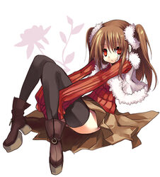  boots brown_hair commentary_request female flower hanepochi long_hair original red_eyes skirt solo sweater thighhighs twintails vest 