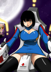  bad_id bad_pixiv_id black_hair blue_eyes breasts character_request cleavage cockpit commentary female large_breasts panties pantyshot photoshop_(medium) pixiv_robot_wars short_hair solo space spread_legs tachibana_roku taisai_(pixiv_robot_wars) thighhighs underwear uniform upskirt white_panties 