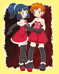  2girls amada bad_id bad_pixiv_id black_gloves black_thighhighs blue_eyes blue_hair brown_eyes christmas dawn_(pokemon) elbow_gloves gloves multiple_girls orange_hair pokemon pokemon_(anime) pokemon_dppt_(anime) thighhighs zoey_(pokemon) 