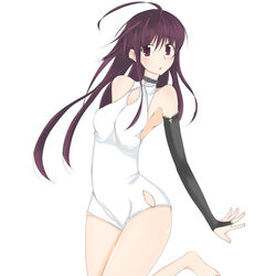  ahoge armpits bare_legs barefoot blush bodysuit bridal_gauntlets female kneeling kuro_(kurokami) kurokami leotard looking_at_viewer photoshop_(medium) purple_hair sidelocks simple_background solo suu_(artist) white_background 