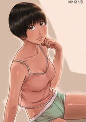  ayumu_(zenkou) black_hair breasts brown_eyes camisole cleavage commentary_request dated female green_shorts large_breasts lips looking_at_viewer original shiny_skin short_hair short_shorts shorts sitting solo zenkou 