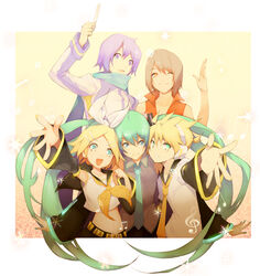  2boys 3girls bad_id bad_pixiv_id crop_top detached_sleeves hands hatsune_miku kagamine_len kagamine_rin kaito_(vocaloid) long_hair meiko_(vocaloid) midriff multiple_boys multiple_girls navel necktie one_eye_closed outstretched_arm outstretched_hand reaching scarf short_hair tsujisaki_(coa3) twintails very_long_hair vocaloid 