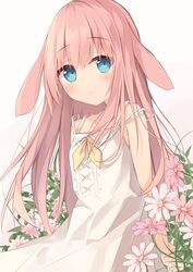  animal_ears bare_arms bare_shoulders blue_eyes blush closed_mouth commentary_request dress female flower hair_between_eyes highres kushida_you long_hair looking_at_viewer neckerchief original pink_flower pink_hair rabbit_ears sleeveless sleeveless_dress solo strap_slip very_long_hair white_background white_dress white_flower yellow_neckerchief 