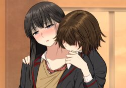  2girls absurdres behind_another biting biting_shoulder black_hair blue_eyes blush brown_hair clothes_pull collarbone hair_over_eyes half-closed_eyes hand_on_another&#039;s_shoulder highres long_hair multiple_girls original ryuusa school_uniform short_hair upper_body yuri 