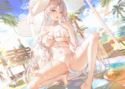  absurdres azur_lane bare_legs bare_shoulders barefoot basket bikini bird bloom blue_eyes blue_sky bottle breasts cake cake_slice chinese_commentary choker cleavage cloud commentary_request cross cross_choker crotch day detached_sleeves dutch_angle feet female food foot_out_of_frame frilled_bikini frills hand_on_own_chest hands_up hat heel_up highres index_finger_raised large_breasts leaf legs light_brown_hair long_hair long_sleeves looking_at_viewer navel official_alternate_costume open_mouth outdoors palm_leaf palm_tree parted_bangs plate pointing pointing_at_self puffy_long_sleeves puffy_sleeves see-through see-through_sleeves side-tie_bikini_bottom sky solo spread_legs stomach sun_hat swimsuit thighs toes tree underboob very_long_hair white_bikini white_bird white_choker white_hat white_sleeves xiongshouji yorktown_(azur_lane) yorktown_ii_(azur_lane) yorktown_ii_(bright-sky_mermaid)_(azur_lane) 