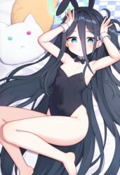  animal_ears arisu_(blue_archive) arms_up bangs banned_artist bare_legs bare_shoulders barefoot bed_sheet black_hairband black_leotard blue_archive blue_eyes breasts checkered closed_mouth commentary_request covered_navel cp00 eyebrows_visible_through_hair fake_animal_ears female hair_between_eyes hairband highres leotard long_hair lying on_back one_side_up pillow playboy_bunny rabbit_ears small_breasts smile solo strapless strapless_leotard very_long_hair wrist_cuffs 