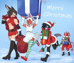  1boy 3girls absurdres animal_ears bag bare_shoulders belt belt_buckle black_hair blue_background boots breasts buckle christmas closed_eyes colored_skin demon_girl demon_horns demon_tail dragon_girl dragon_tail elbow_gloves english_commentary english_text fingerless_gloves full_body gift gloves hair_between_eyes hair_over_one_eye high_heel_boots high_heels highres holding holding_gift horns li_(rob_ishi) merry_christmas miniskirt multiple_girls navel nelu_(rob_ishi) open_mouth original pantyhose pointy_ears purple_skin rabbit_ears rabbit_girl rae_(rob_ishi) red_skin rob_ishi short_hair simple_background skirt sleeveless tail teeth thigh_boots thighhighs tongue tracie_(rob_ishi) underboob white_hair 