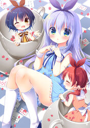  3girls :o ace_(playing_card) ace_of_spades aono_ribbon bare_shoulders black_footwear blue_dress blue_eyes blue_hair blue_hairband blue_ribbon blush brown_dress brown_eyes card checkered_floor chimame-tai commentary_request cup dress feet_out_of_frame gochuumon_wa_usagi_desu_ka? green_eyes hair_between_eyes hair_ribbon hairband heart highres in_container in_cup jouga_maya kafuu_chino kneehighs knees_up long_hair low_twintails mini_person minigirl multiple_girls natsu_megumi parted_lips playing_card profile purple_hair red_hair red_hairband red_ribbon ribbon shoes short_hair sleeveless sleeveless_dress socks spade_(shape) striped_clothes striped_dress teacup twintails vertical-striped_clothes vertical-striped_dress very_long_hair white_legwear wrist_cuffs 