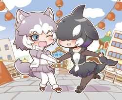  2girls :d ;d animal_ear_fluff animal_ears black_hair blowhole blue_eyes bodystocking bow cetacean_tail chibi collarbone collared_dress commentary_request covered_eyes day dog_(mixed_breed)_(kemono_friends) dog_ears dog_girl dog_tail dorsal_fin dress face-to-face fins fish_tail fisheye frilled_dress frills full_body fur_trim gerotan grey_hair hair_over_eyes head_fins holding_hands jacket kemono_friends lantern layered_sleeves long_sleeves looking_at_another medium_hair miniskirt multicolored_hair multiple_girls one_eye_closed open_mouth orca_(kemono_friends) outdoors outstretched_arms pleated_skirt pulling pulling_another&#039;s_clothes purple_hair running shoes short_dress short_over_long_sleeves short_sleeves skirt smile sweater_vest tail teeth two-tone_hair upper_teeth_only white_hair 