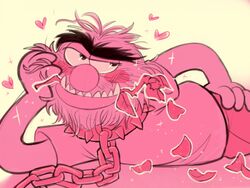  4:3 animal_(muppets) beard bedroom_eyes blush bottomwear chained chains clothing eyebrows facial_hair fangs flower_in_mouth hair heart_symbol humanoid lying male missuspatches monster muppet muppets narrowed_eyes on_side pants petals pose red_hair scruffy seductive shirt smile solo teeth tentacle topwear unibrow 