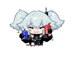  ^3^ blue_hair blush build_driver can chibi coca-cola cosplay crossover drink drink_can female girls&#039;_frontline highres holding kamen_rider kamen_rider_build kamen_rider_build_(cosplay) kamen_rider_build_(series) pa-15_(girls&#039;_frontline) pepsi pepsi_nex shanyao_jiang_tororo simple_background soda_can twintails upper_body white_background 