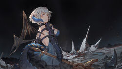  armor backless_dress backless_outfit bare_back blood blood_on_face blue_dress breasts commentary curled_horns dress dutch_angle fafnir_(masterwork_apocalypse) female gauntlets highres holding holding_weapon horns looking_back masterwork_apocalypse night official_art outdoors photoshop_(medium) purple_eyes short_dress short_hair shoulder_armor solo standing symbol-only_commentary tail toriumi_harumi upper_body weapon white_hair wings 