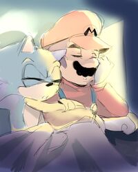  anthro bed blue_body blue_fur closed_eyes clothing crossover duo eulipotyphlan fannfare fur furniture gloves handwear hedgehog hi_res human male male/male mammal mario mario_bros nintendo on_bed sega sleep_fetish sleeping sonic_the_hedgehog sonic_the_hedgehog_(series) under_covers 