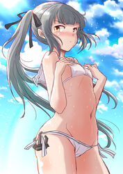  anchor bikini blue_sky brown_eyes cloud commentary_request cosplay cowboy_shot female fuji_(pixiv24804665) grey_hair highres kantai_collection kasumi_(kancolle) long_hair looking_at_viewer lowleg lowleg_bikini navel outdoors sailor_bikini sailor_collar side-tie_bikini_bottom side_ponytail sky solo standing swimsuit white_bikini z3_max_schultz_(kancolle) z3_max_schultz_(kancolle)_(cosplay) z3_max_schultz_(swimsuit_mode)_(kancolle) 