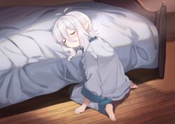  antenna_hair barefoot bed blush closed_eyes closed_mouth commentary_request elf female full_body grey_pants grey_shirt hair_between_eyes indoors kokkoro_(princess_connect!) long_sleeves niizuka_(c-drop) pants pointy_ears princess_connect! shirt short_hair sitting smile soles solo wariza white_hair wooden_floor 