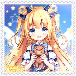  &gt;_&lt; :d bear_hair_ornament blonde_hair blue_bow blue_eyes blush bow collared_shirt commentary_request copyright_request detached_sleeves female hair_ornament hair_rings hairbow hands_up holding holding_stuffed_toy long_hair looking_at_viewer nail_polish oerba_yun_fang open_mouth pink_nails puffy_short_sleeves puffy_sleeves shirt short_sleeves sleeveless sleeveless_shirt smile solo star_(symbol) striped striped_bow stuffed_animal stuffed_toy teddy_bear tengxiang_lingnai two_side_up white_shirt white_sleeves 