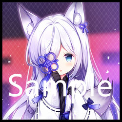  :o animal_ear_fluff animal_ears azur_lane black_border black_gloves black_kimono blue_eyes blue_ribbon blush border commentary_request female gloves hair_over_one_eye hair_ribbon hand_up holding japanese_clothes kasumi_(azur_lane) kimono long_hair long_sleeves open_clothes parted_lips ribbon sample_watermark sleeves_past_wrists solo tengxiang_lingnai watermark white_hair wide_sleeves 