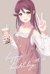  :d blush breasts brown_eyes brown_hair bubble_tea cleavage cup disposable_cup female hair_ornament hairclip happy_birthday highres jewelry jpeg_artifacts long_hair long_sleeves love_live! love_live!_sunshine!! necklace open_mouth sakurauchi_riko shirt small_breasts smile solo standing unnik v white_shirt 