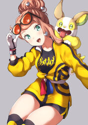  :d black_shirt blush collarbone commentary_request dynamax_band eyelashes eyewear_on_head female gloves green_eyes grey_background hair_bun hair_ornament heart heart_hair_ornament highres jacket knee_pads master_dojo_uniform miyabi_(miyabeeya) open_mouth orange_hair pokemon pokemon_(creature) pokemon_on_back pokemon_swsh sash shirt shorts single_hair_bun smile sonia_(pokemon) sunglasses teeth thighs tongue white_gloves yamper yellow_jacket zipper_pull_tab 