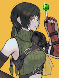  alpaca_carlesi arm_guards armor brown_eyes crop_top detached_sleeves female final_fantasy final_fantasy_vii final_fantasy_vii_remake gloves headband highres looking_at_viewer materia midriff pauldrons short_hair shoulder_armor smile yellow_background yuffie_kisaragi 