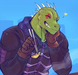  alligatorid animal_head anthro caiman chopsticks crocodile crocodilian crocodylid dorohedoro eating food for_a_head gyoza holding_chopsticks holding_object humanoid kaiman_(dorohedoro) lizard male one_eye_closed reptile scalie smile solo vhkansfweer wink 