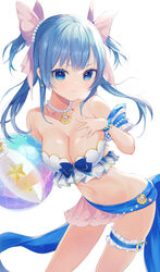  absurdres ball beachball bikini blue_bracelet blue_eyes blue_hair breasts cleavage commentary earrings female frills gem highres jewelry large_breasts magia_record:_mahou_shoujo_madoka_magica_gaiden mahou_shoujo_madoka_magica midriff minami_rena minami_rena_(swimsuit_ver.) necklace okomeillust pearl_(gemstone) pearl_hair_ornament pearl_necklace star_(symbol) star_earrings strapless strapless_bikini swimsuit thigh_strap two_side_up wet white_background 