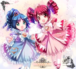  2girls :d blue_dress blue_footwear blue_hair commentary_request dated dress drill_hair fine_(futagohime) fine_(prominence_dress_up)_(futagohime) frilled_dress frills fushigiboshi_no_futago_hime green_eyes holding_hands interlocked_fingers long_sleeves looking_at_viewer multiple_girls open_mouth pantyhose pink_dress red_eyes red_footwear red_hair rein_(futagohime) rein_(prominence_dress_up)_(futagohime) sakurano_ru shoes signature sleeves_past_wrists smile supportasse tiara twin_drills twintails white_legwear wide_sleeves 