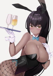  absurdres animal_ears black_hair black_leotard black_pantyhose blue_archive blue_bow blue_bowtie blush bow bowtie breasts cleavage commentary dark-skinned_female dark_skin detached_collar drink fake_animal_ears female fishnet_pantyhose fishnets gloves highres karin_(blue_archive) karin_(bunny)_(blue_archive) large_breasts leotard long_hair looking_at_viewer nannann official_alternate_costume pantyhose parted_lips playboy_bunny ponytail rabbit_ears simple_background solo strapless strapless_leotard traditional_bowtie tray white_background white_gloves yellow_eyes 