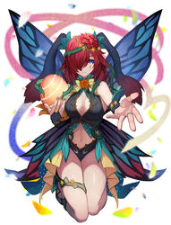  absurdres animal_ears asymmetrical_legwear blue_eyes breasts bridal_gauntlets butterfly_wings cleavage cleavage_cutout clothing_cutout commission dress egg facial_mark falling_petals female fire_emblem fire_emblem_heroes flower gloves hair_over_one_eye hair_vines halter_dress halterneck highres holding holding_egg insect_wings jewelry large_breasts long_hair looking_at_viewer nail_polish navel official_alternate_costume petals plant reaching reaching_towards_viewer red_hair ring rose showgirl_skirt skeb_commission sleeveless sleeveless_dress smile solo straight-on teo_(telo_ruka) triandra_(fire_emblem) triandra_(spring)_(fire_emblem) vines wings 