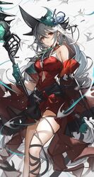  aqua_gloves aqua_headwear arknights bare_legs bare_shoulders breasts commentary detached_sleeves feet_out_of_frame female fish gloves grey_hair hair_between_eyes highres holding holding_staff infection_monitor_(arknights) long_hair long_sleeves looking_at_viewer official_alternate_costume parted_lips red_eyes sideways_glance skadi_(arknights) skadi_the_corrupting_heart_(arknights) small_breasts solo staff symbol-only_commentary very_long_hair wenquangua white_background 