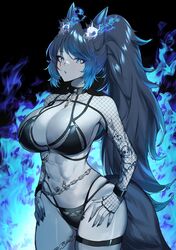  animal_ear_fluff animal_ears arm_tattoo bikini black_bikini black_collar black_nails blue_eyes blue_fire blue_hair breasts chains cleavage collar female fire fishnet_gloves fishnet_top fishnets gloves gradient_hair highres indie_virtual_youtuber large_breasts long_hair looking_at_viewer multicolored_hair nail_polish ponytail second-party_source skull_tattoo solo spiked_collar spikes spite_(vtuber) swimsuit tail tattoo thigh_strap virtual_youtuber wann! wolf_ears wolf_girl wolf_tail 