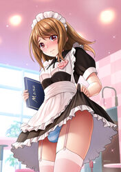  1boy 3: apron black_dress blue_panties blush brown_hair bulge commentary_request crossdressing dress frilled_apron frilled_dress frilled_hairband frills garter_straps hairband highres holding holding_menu indoors long_hair maid maid_apron maid_headdress male_focus male_maid menu name_tag nose_blush original otoko_no_ko panties panty_bulge penis_in_panties pink_thighhighs puffy_short_sleeves puffy_sleeves purple_eyes rokko short_dress short_sleeves solo standing striped_clothes striped_panties thighhighs underwear white_apron 