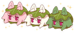  3girls animal_ear_fluff animal_ears food foodification fox_ears hair_between_eyes highres kashiwa_mochi_(food) kemomimi-chan_(naga_u) leaf looking_at_viewer multiple_girls naga_u oak_leaf objectification original purple_eyes sakura_mochi shadow sidelocks simple_background sparkle v-shaped_eyebrows wagashi white_background 