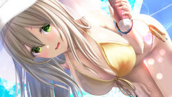  bare_shoulders bikini blue_archive blush breasts cleavage collarbone female green_eyes hat highres large_breasts leaning_forward long_hair looking_at_viewer lotion_bottle nonomi_(blue_archive) nonomi_(swimsuit)_(blue_archive) open_mouth solo sun_hat swimsuit thighs totororo white_hat yellow_bikini 