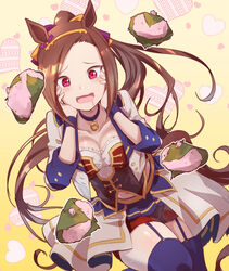  :d animal_ears asymmetrical_bangs bad_id bad_pixiv_id blue_garter_straps blue_thighhighs blush bow breasts brown_hair choker cleavage collarbone commentary_request corset drooling ear_ornament facing_viewer feet_out_of_frame female flower_in_eye food garter_straps gold_hairband hairband hairbow hands_on_own_cheeks hands_on_own_face heart highres horse_ears horse_girl jacket leaf leaning long_hair long_sleeves medium_breasts mouth_drool navel open_clothes open_jacket open_mouth pink_eyes ponytail raised_eyebrows red_shorts sakura_bakushin_o_(umamusume) sakura_mochi shorts shorts_under_skirt sidelocks skirt smile solo starting_future_(umamusume) symbol_in_eye thighhighs umamusume very_long_hair wagashi white_jacket white_skirt wristband yellow_background yue_(lov_n_n) 