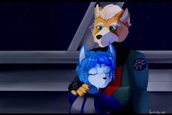  anthro blue_body blue_fur blue_hair canid canine canon_couple closed_eyes clothing duo female fox fox_mccloud fur green_eyes hair hug jewelry krystal_(star_fox) looking_at_another looking_down male male/female mammal nintendo panininha passionate paws romantic romantic_couple space star star_fox symbol tired tired_eyes uniform yellow_body yellow_fur 