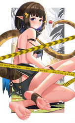  absurdres arknights arm_strap bandeau bare_arms bare_legs bare_shoulders barefoot black_hair black_panties blue_eyes blunt_bangs bob_cut breasts candy caution_tape commentary_request eunectes_(arknights) feet female food he_c92 highres holding holding_with_tail lollipop medium_breasts panties photoshop_(medium) pointy_ears prehensile_tail sitting snake_tail soles solo tail thigh_strap toes underwear 