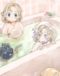  3girls abyssal_ship anzio_princess bad_id bad_pixiv_id bathing bathtub blonde_hair blue_eyes blush closed_mouth collarbone enemy_naval_mine_(kancolle) enjaku_izuku highres janus_(kancolle) jervis_(kancolle) kantai_collection multiple_girls partially_submerged purple_eyes same-sex_bathing shared_bathing short_hair smile tentacle tile_wall tiles 