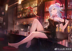  absurdres bar_(place) bare_arms bare_legs bare_shoulders barefoot black_dress blue_eyes blue_hair bottle breasts chinese_commentary closed_mouth commentary_request counter cup dress drinking_glass fang_out female full_body haiyi highres holding holding_cup indoors jellyfish_hair_ornament legs leiq long_hair looking_away medium_breasts oerba_yun_fang sitting smile solo strap_slip synthesizer_v 