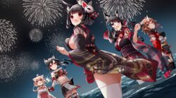  5girls :d absurdres aerial_fireworks animal_ear_fluff animal_ears azur_lane bare_shoulders bell black_hair black_kimono black_pantyhose black_shirt blue_butterfly blue_eyes blunt_bangs blush braid breasts bridal_garter brown_hair bug butterfly butterfly_hair_ornament cat_ears cat_mask cleavage commentary cowboy_shot detached_sleeves fingerless_gloves fireworks fusou_(azur_lane) gloves hair_between_eyes hair_intakes hair_ornament hair_ribbon highres holding horns japanese_clothes jingle_bell kimono large_breasts light_brown_hair long_hair long_sleeves looking_up mask mask_on_head medium_breasts michishio_(azur_lane) midriff mismatched_eyebrows mogami_(azur_lane) mogami_(retrofit)_(azur_lane) multiple_girls navel neck_bell neck_ribbon night night_sky obi ocean oerba_yun_fang open_mouth pantyhose pleated_skirt pointy_ears ponytail print_kimono red_eyes red_nails red_ribbon red_sailor_collar red_skirt ribbon sailor_collar sash shigure_(azur_lane) shirt short_hair short_kimono sideboob sideless_kimono sidelocks single_horn skin_fang skindentation skirt sky sleeveless sleeveless_shirt smile standing tail thighhighs wading white_sailor_collar white_skirt white_sleeves white_thighhighs wide_sleeves wolf_ears wolf_tail yamaha_tsui yamashiro_(azur_lane) zettai_ryouiki 