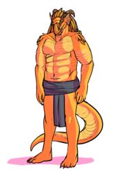  2018 avoid_posting bare_chest biped bottomwear claws clothed clothing digital_media_(artwork) dragonborn_(dnd) dungeons_and_dragons ear_fins fin gold_body hasbro hi_res horn jincrath_talmaar loincloth male muscular muscular_male rml solo standing topless wizards_of_the_coast yellow_eyes 