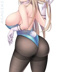  absurdres asagiri_ai ass asuna_(blue_archive) asuna_(bunny)_(blue_archive) bare_back black_pantyhose blue_archive breasts commentary elbow_gloves female from_behind gloves head_out_of_frame highleg highleg_leotard highres large_breasts leotard light_brown_hair long_hair official_alternate_costume pantyhose playboy_bunny sideboob sidelocks simple_background solo strapless strapless_leotard thighband_pantyhose white_background white_gloves 