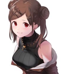  akimikan_(2.5deciliter) bare_shoulders black_shirt blush breasts brown_hair brown_jacket closed_mouth dot_nose double_bun earrings female hair_bun hair_ornament hairclip heart heart_earrings heart_necklace highres idolmaster idolmaster_shiny_colors jacket jewelry large_breasts long_hair looking_at_viewer necklace off_shoulder partially_unzipped red_eyes shirt simple_background sleeveless sleeveless_shirt smile solo sonoda_chiyoko twintails upper_body white_background zipper 