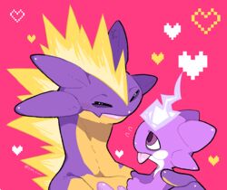  2019 220_vvv ambiguous_gender amped_toxtricity blep closed_eyes duo electrical_hair electrical_mane electricity evolutionary_family feral generation_8_pokemon happy heart_background heart_symbol hearts_around_body hearts_around_head level_difference nintendo open_mouth outline_heart pixelated_heart pokemon pokemon_(species) pseudo_hair pseudo_mane purple_body purple_scales reptile scales scalie simple_background size_difference tongue tongue_out toxel toxtricity yellow_body yellow_scales young young_ambiguous young_feral 