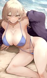  arm_behind_head arm_support armpits beach bikini blonde_hair blue_bikini blush breasts cardigan cleavage collarbone curvy feet_out_of_frame female halterneck highres large_breasts long_hair looking_at_viewer navel nijisanji nui_sociere oerba_yun_fang open_cardigan open_clothes outdoors purple_cardigan sitting skin_fang smile solo swimsuit very_long_hair virtual_youtuber yamanoko_19517 