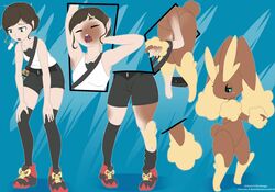  2019 absurd_res anthro before/after_focus biped bottomwear breasts brown_hair clothing dinodoggo female footwear generation_4_pokemon green_eyes hair hi_res human human_to_anthro legwear lopunny mammal nintendo nude open_mouth pokemon pokemon_(species) sequence shoes short_hair shorts simple_background solo species_transformation standing stockings transformation transformation_sequence yawn 