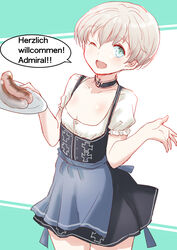  apron blouse blue_eyes bodice choker commentary_request cowboy_shot cross dirndl dress female flat_chest food fuji_(pixiv24804665) german_clothes german_text highres iron_cross kantai_collection one_eye_closed pinafore_dress puffy_short_sleeves puffy_sleeves ranguage sausage shirt short_hair short_sleeves sleeveless sleeveless_dress solo standing translated waist_apron waitress white_hair z1_leberecht_maass_(kancolle) z1_leberecht_maass_(oktoberfest_mode)_(kancolle) 